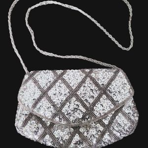 Vintage La Regale Silver Sequined Crossbody Purse W/ Chain Strap